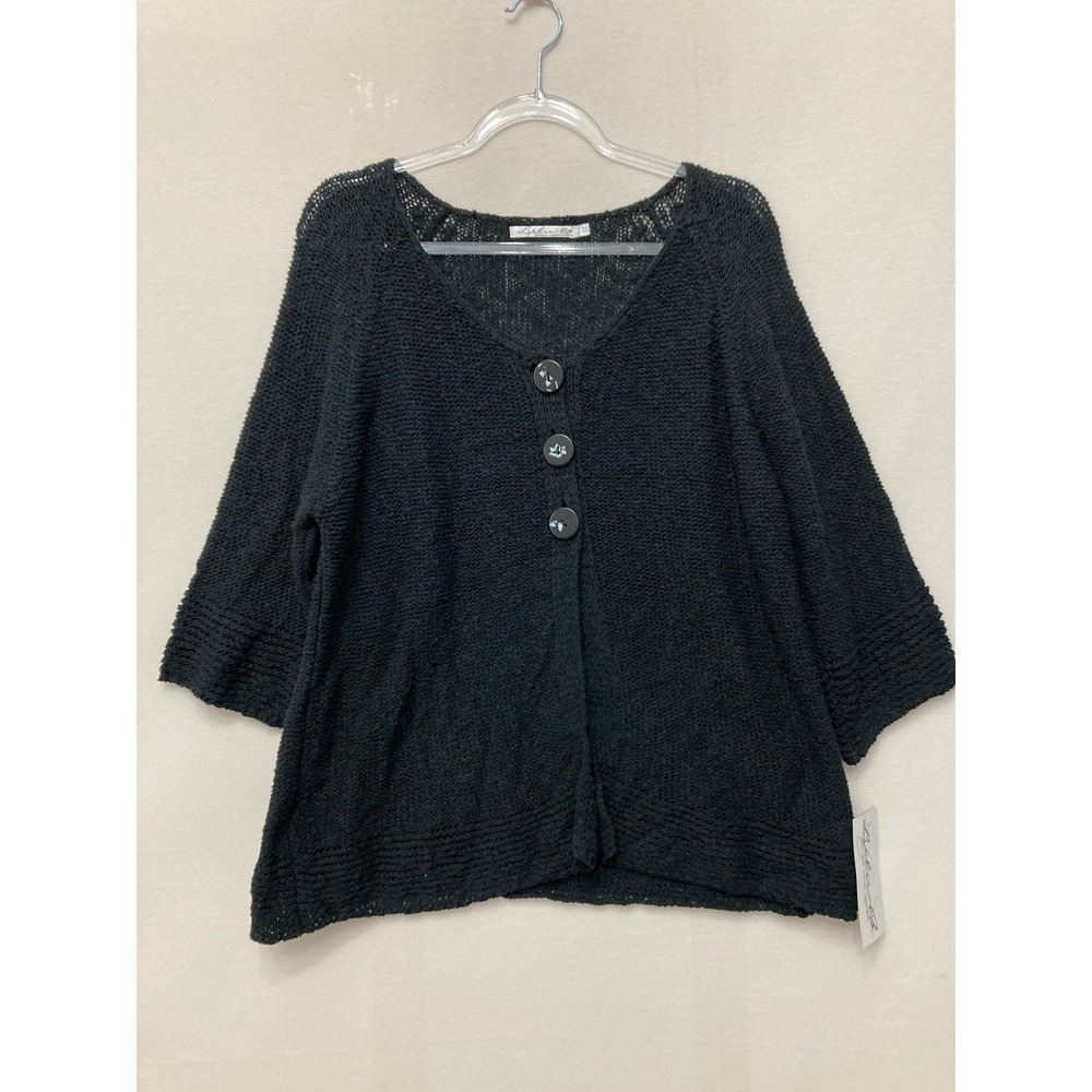 New Lulu-B Open Knit Cardigan Sweater XL Black Cotton 3/4 Sleeve V-Neck Vacation